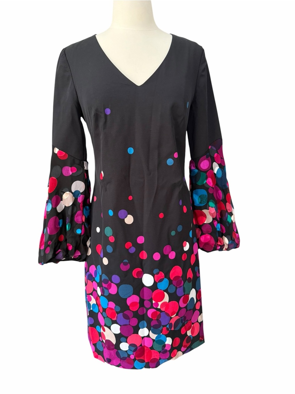 Trina Turk Black Shift Dress Colorful Polka Dot Print Bell Sleeves Size 4